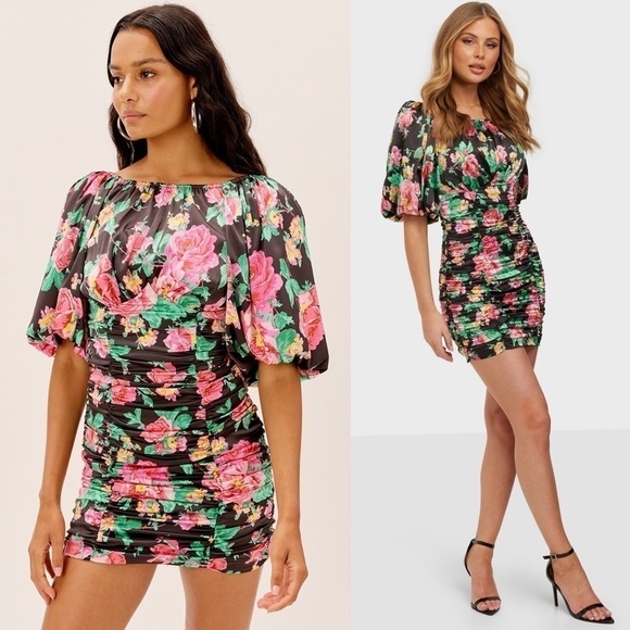 NWT FOR LOVE & LEMONS Floral Satin Puff Sleeve Open Back Ruched Bodycon Dress S - Picture 5 of 14
